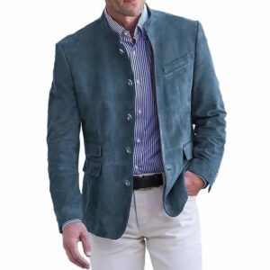 Le Blazer — suédine, bleu pétrole, col officier