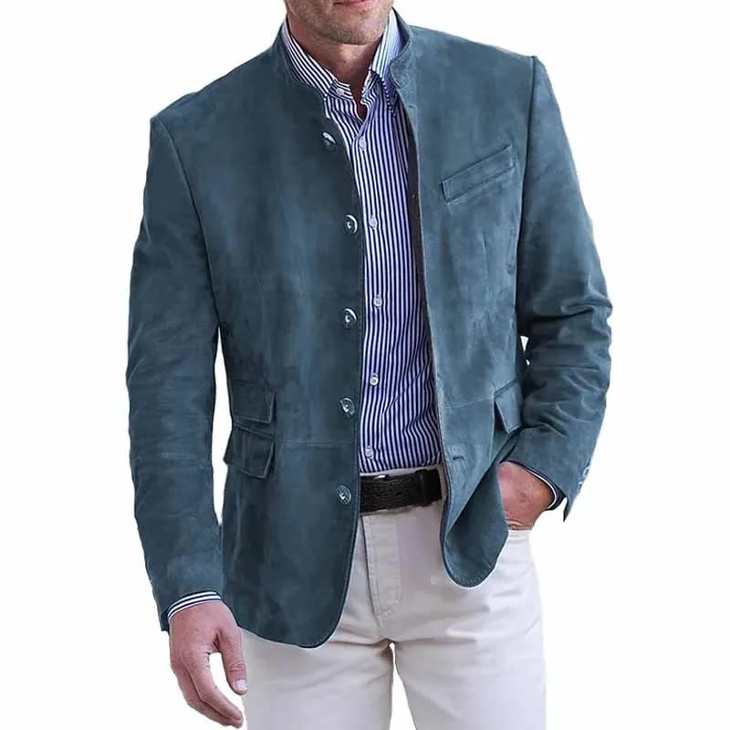 Le Blazer — suédine, bleu pétrole, col officier