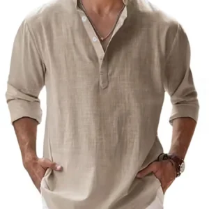 La Chemise — lin, col officier, beige sable