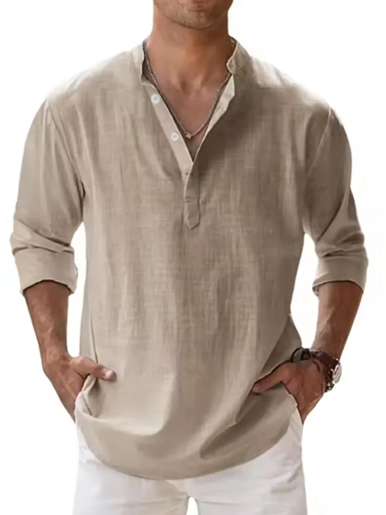 La Chemise — lin, col officier, beige sable