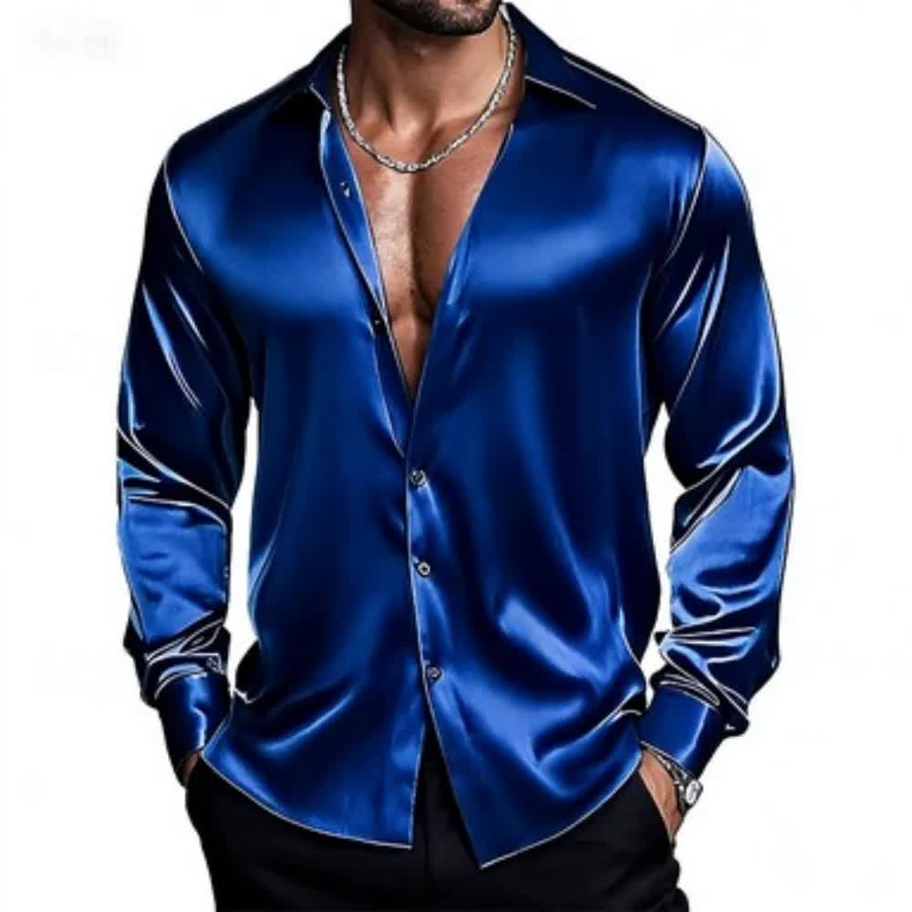 La Chemise — satin, col ouvert, bleu roi